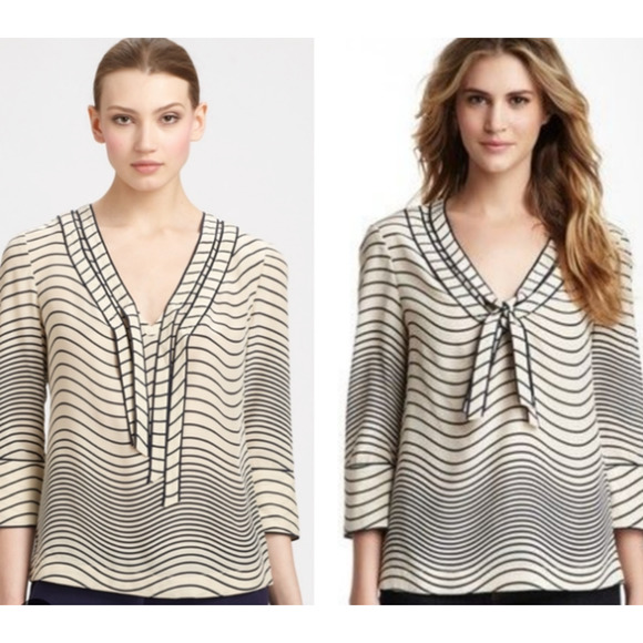 Tory Burch Silk Iriana Pretty Stripped Blouse V-Neck 3/4 Sleeve Blue Cream 6 - Picture 8 of 8